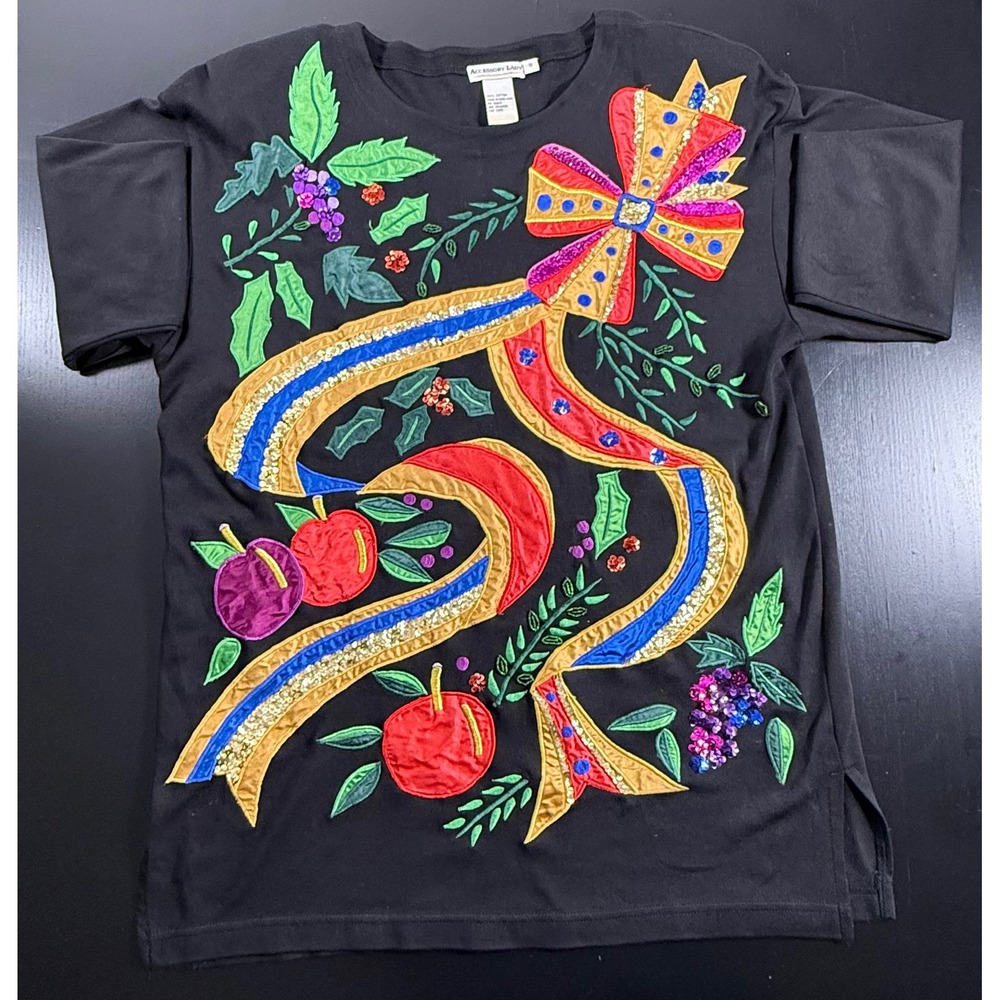 Accessory Lady Vintage Black Cotton Sequin Applique Holiday Shirt Womens Small
